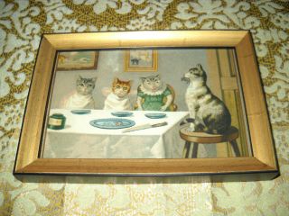 Cats At Dinner Table 4 X 6 Gold Wood Framed Picture Victorian Style Art Print