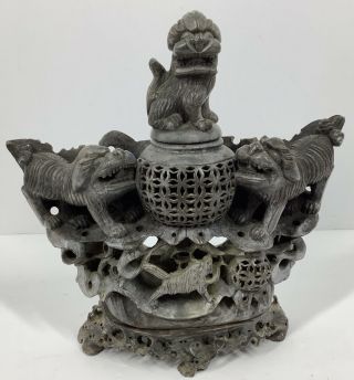 Vintage Carved Stone Chinese Foo Dog Incense Burner