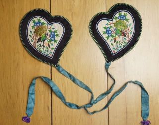 Antique Chinese Qing Dynasty Silk Embroidered Heart Shape Ear Covers