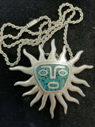 Vintage Taxco,  Mexico Large Sterling Sunface Pendant And Mexican Rope Chain