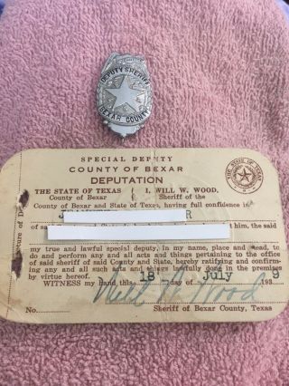 Vintage Bexar County Texas Special Deputy Badge With Depution Card.