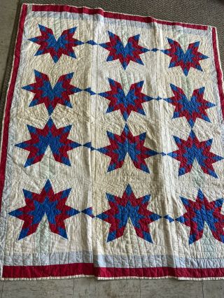 Vintage Maple Leaf Cutter Quilt Red White Blue - Full /twin Size - Old Cotton Quilt