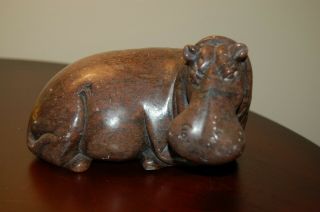 Hand Carved Hippo Polished Rock Paperweight Bronzite? Colors