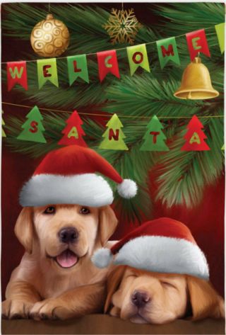 Evergreen Christmas Flag Welcome Santa Yellow Labrador Puppy Dogs 12.  5 X 18