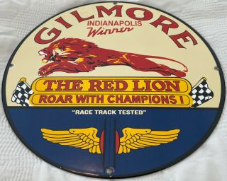 Vintage Gilmore Gasoline Porcelain Sign,  Gas Station,  Pump Plate,  Lion Motor Oil