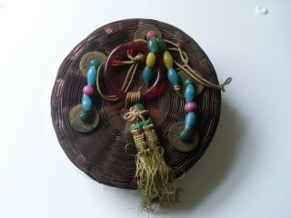 Antique Chinese Sewing Basket Peking Glass Red Ring,  Beads,  Coins,  Silk Tassel