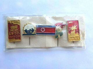 Dprk Korea Communist Vintage Badges Coat Of Arms Flag Korea