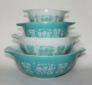 Set Of 4 Vintage Pyrex Turquoise & White Amish Butterprint Nesting Mixing Bowls