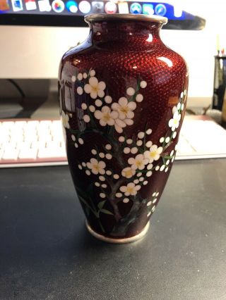 Vintage Japanese Cloisonne Vase Pigeon Blood 6” Tall