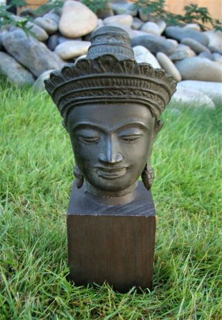 Vintage Khmer Bronze Head Statue On Wood Base