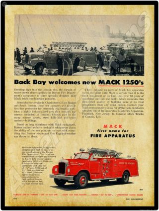 1957 Mack Fire Apparatus Metal Sign: Boston Fire Department Truck Pic