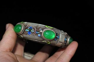 Chinese Old Tibet Silver & Green Jadeite Jade Beads Collectible Vintage Bracelet