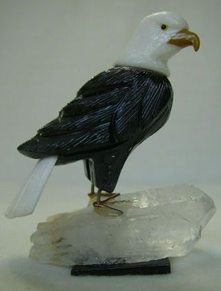 Gemstone Bird Sculpture Hand Carved Eagle From Peru/quartz Crystal Base 20024