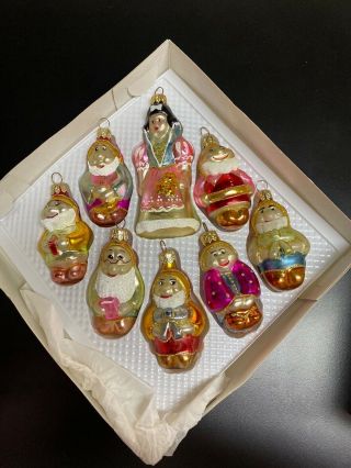 Vintage Snow White And The 7 Dwarfs Glass Hand Blown Christmas Ornaments Set