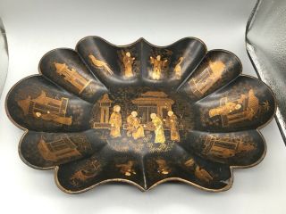 Antique Chinese Black Lacquer And Hand Painted Paper Mache Bowl/tray Wow