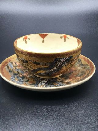 Japanese Antique Satsuma Immortals and Dragon Teacup and Saucer Raised Enamel 2