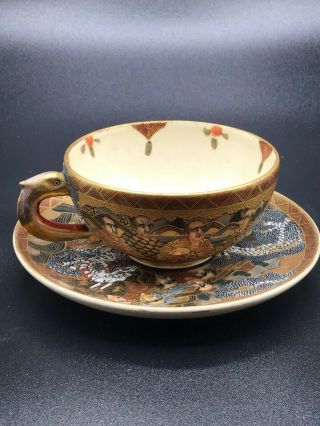 Japanese Antique Satsuma Immortals and Dragon Teacup and Saucer Raised Enamel 3
