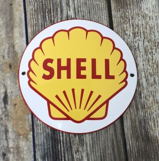 Vintage Golden Shell Oil 6 " Porcelain Metal Enamel Push Store Gasoline Sign