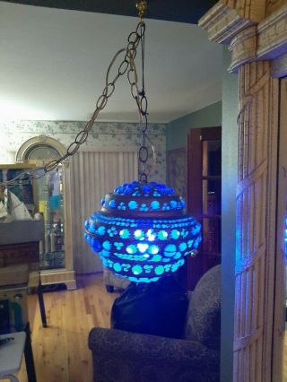 Vintage Brass Blue Jeweled Swag Hanging Light Hippie Fashion Moroccan W5