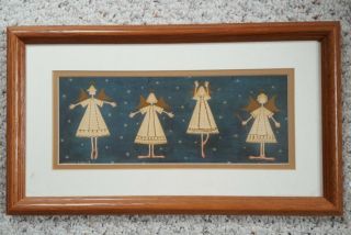 Folk Art Framed Warren Kimble Four Dancing Angels Print Picture Wall Hanging