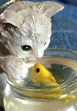 Resin Grey Cat With A Fish In A Clear Resin Bowl Use As Figurine Or Hang