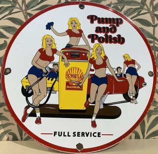 Vintage Shell Gasoline Pin Up Girls Porcelain Sign Pump & Polish Gas Station