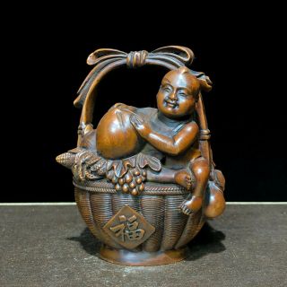 Old Boxwood Collectible Japanese Netsuke Child & Bamboo Basket Vintage Statue P3