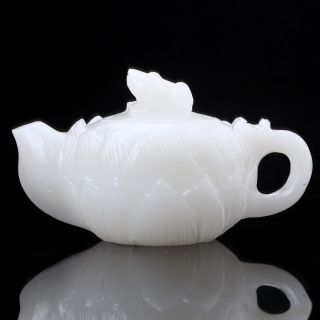Exquisite Chinese 100 Natural White Jade Hand Carved Lotus Teapots