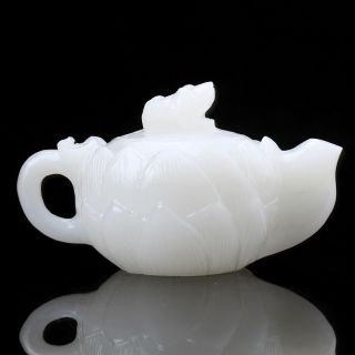 EXQUISITE CHINESE 100 NATURAL WHITE JADE HAND CARVED LOTUS TEAPOTS 3