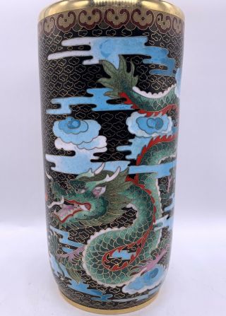 Chinese Cloisonne Enameled Brass 5 Claw Dragon In Clouds Cylindrical Vase 8”h