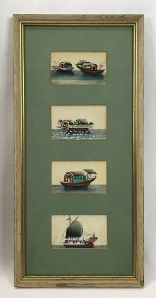 4 Antique Vintage Chinese Rice Paper Paintings Junk Cargo Sailboat Boats Ships