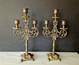 Pair Vintage 4 - 1/2 Lbs Ornate Solid Bronze 3 Arms 13” Tall Candles Stick Holders
