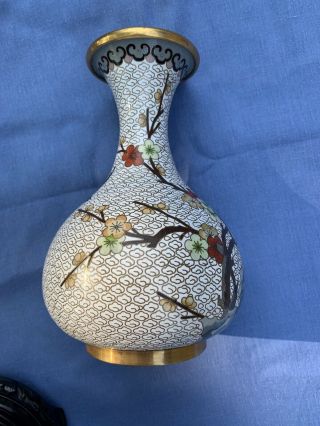 Vintage Chinese Cloisonne Vases With Birds,  Flowers,  And Cloud Pattern