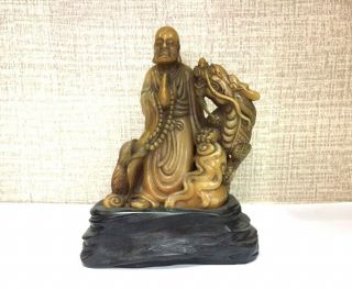 Antique Chinese Shoushan Stone Carving Of Figure And Dragon Statue