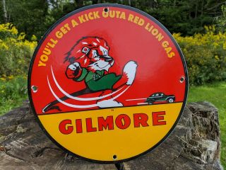 Old Vintage 1939 Gilmore The Red Lion Gasoline Porcelain Enamel Gas Pump Sign