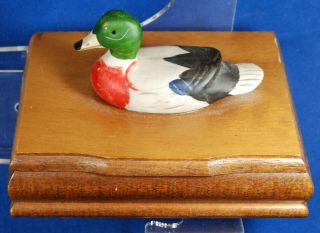 Vintage Wooden Jewelry Trinket Box With Duck And Padded Insert