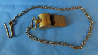 Vintage Solid Brass Made In U.  S.  A.  Whistle W/chain & Hook,  Patina