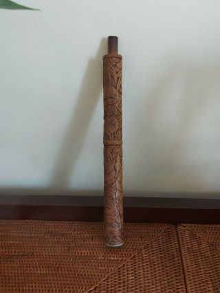 Antique Hand Carved Wooden Opium Pipe With Mother Of Pearl And Poppies