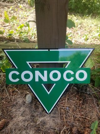 Vintage " Conoco Green Triangle " 12 " Porcelain Metal Gasoline Oil Pump Plate Sign