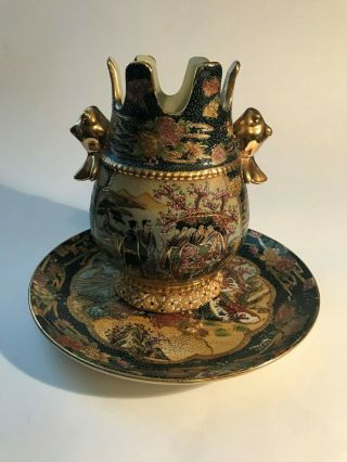 Vtg Royal Satsuma Hand Painted Gold Gilt Moriage Vase & Matching Plate