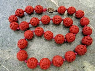 Antique Chinese Carved Cinnabar Beaded Necklace Hand Knotted 21 " Long Strand