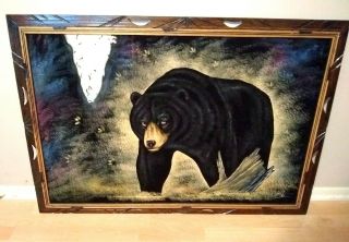 Vintage Ortiz Velvet Painting Black Bear 39 X 27 Framed,