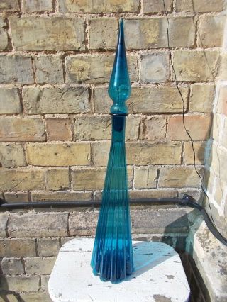 Large Blue Fluted Vintage Mcm Italian Empoli Genie Bottle Decanter Glass