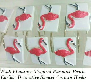 Pink Flamingo Tropical Paradise Beach Caribbe Decorative Shower Curtain Hooks 12