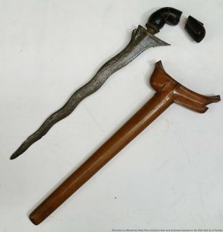 Antique Indonesian Kris Dagger Carved Hilt And Burl Wood Sheath