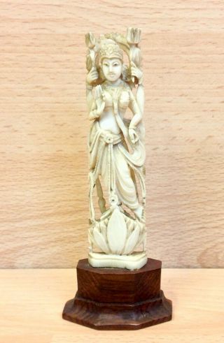 Vintage Indian Carving Of Hindu Goddess " Lakshmi " On Hardwood Plinth 5.  5 ".