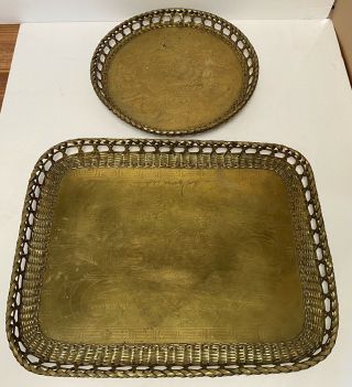 2 Antique Chinese Woven Brass Trays With Dragons