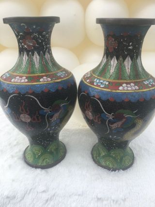 Antique Pair Chinese Cloisonne Vase Dragon Pearl Lucky Feng Shui Yang Auspicious