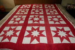 Vintage Handmade Hand Stitched Red & White Feed Sack 8 Point Star Block Quilt