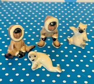 Vintage Hagen Renaker Ceramic Miniature Eskimos With Polar Bear Cub & Seal